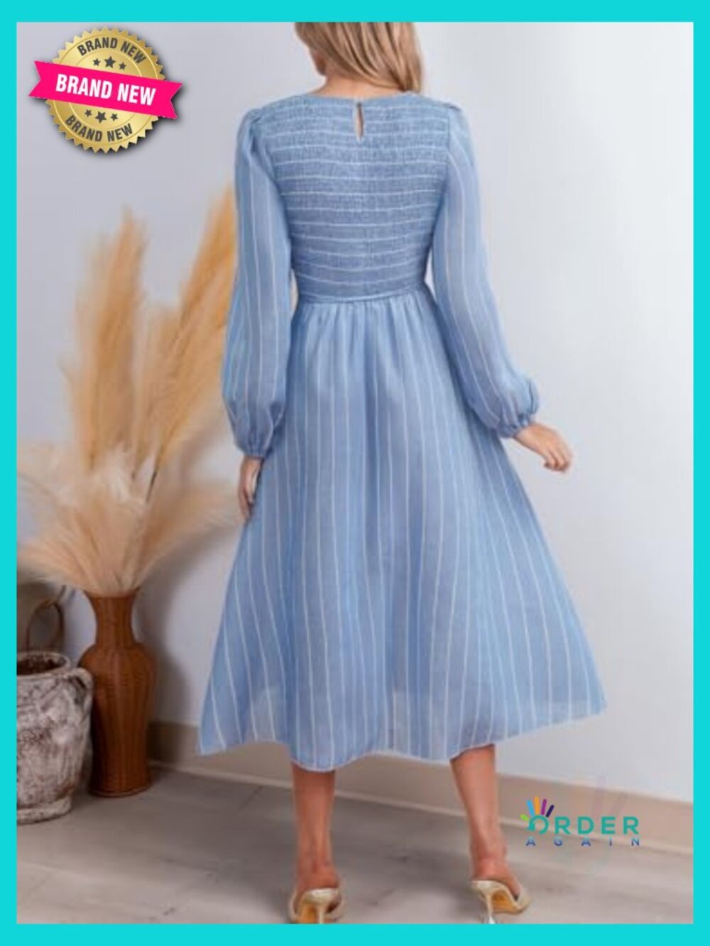 Long Sleeve Square Neck Striped Smocked Midi Dress Flowy A Line Ruffled Fall - Picture 3 of 5
